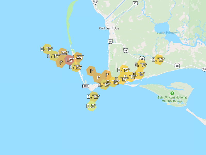 Hail map of Port Saint Joe, FL on Jun 30, 2026, hail up to 1.5"