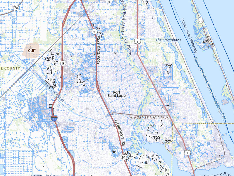 Radar-estimated hail-size map of the storm over Port Saint Lucie, FL on Mar 16, 2026