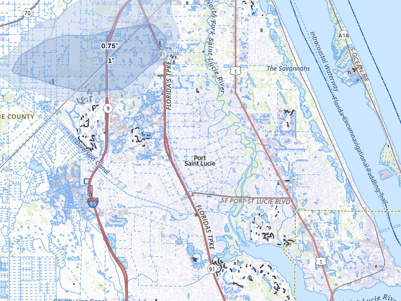 NEXRAD radar-signature map of the hail storm over Port Saint Lucie, FL on Mar 16, 2026
