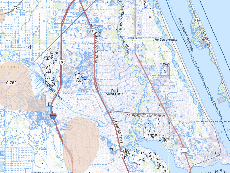 Radar-estimated hail-size map of the storm over Port Saint Lucie, FL on Jun 22, 2026