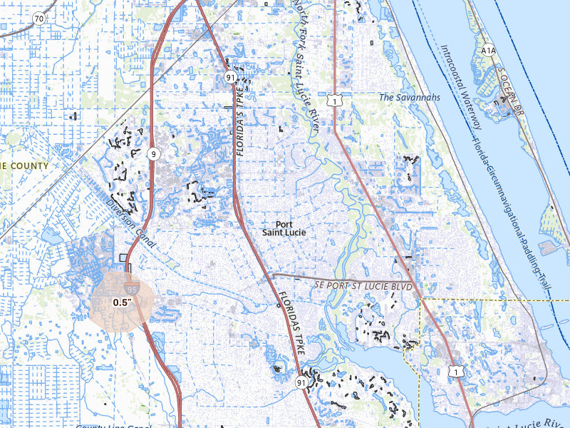 Radar-estimated hail-size map of the storm over Port Saint Lucie, FL on Jun 24, 2026