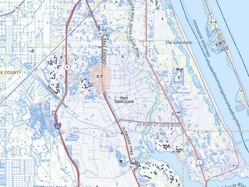 Radar-estimated hail-size map of the storm over Port Saint Lucie, FL on Jun 25, 2026