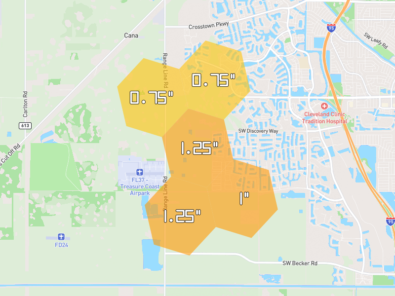Hail map of Port Saint Lucie, FL on Jul 7, 2026, hail up to 1.25"