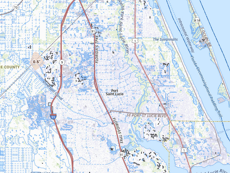 Radar-estimated hail-size map of the storm over Port Saint Lucie, FL on Jul 13, 2026