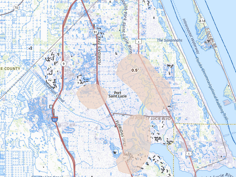 Radar-estimated hail-size map of the storm over Port Saint Lucie, FL on Jul 17, 2026
