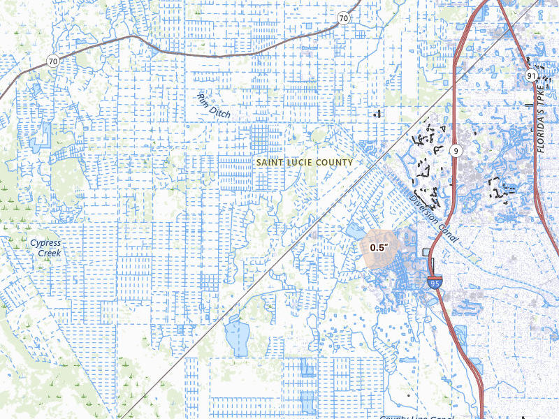 Radar-estimated hail-size map of the storm over Port Saint Lucie, FL on Aug 4, 2026