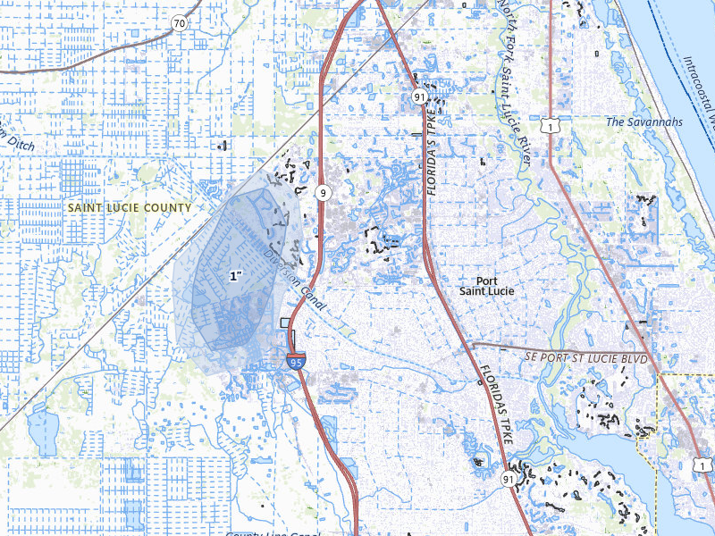 NEXRAD radar-signature map of the hail storm over Port Saint Lucie, FL on Aug 4, 2026