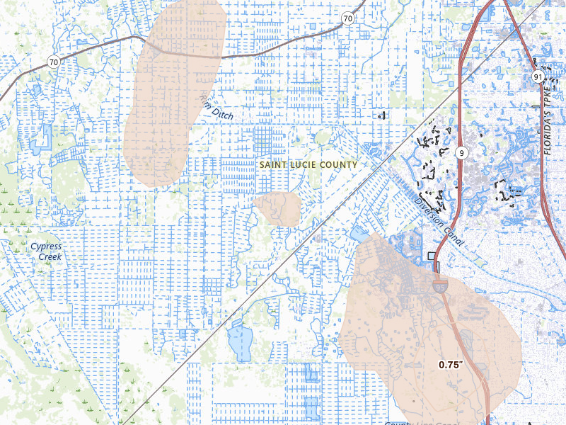 Radar-estimated hail-size map of the storm over Port Saint Lucie, FL on Aug 19, 2026