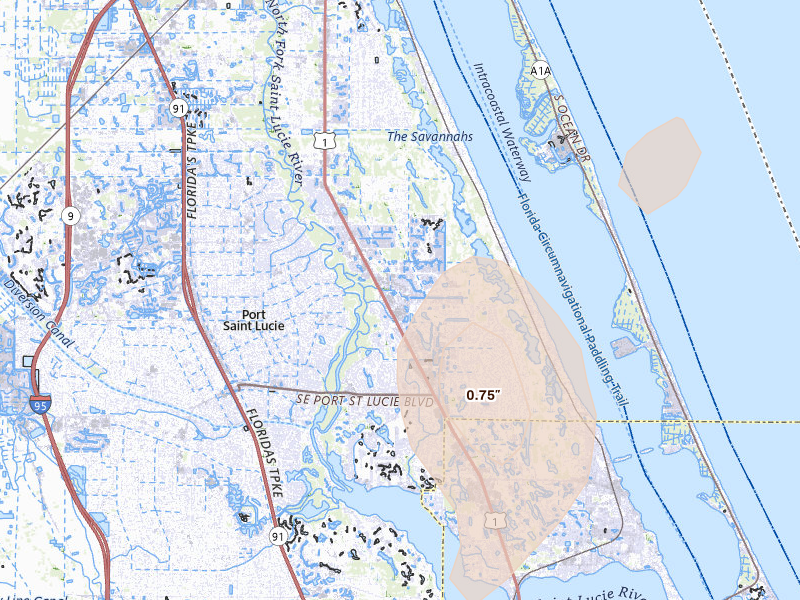 Radar-estimated hail-size map of the storm over Port Saint Lucie, FL on Aug 23, 2026