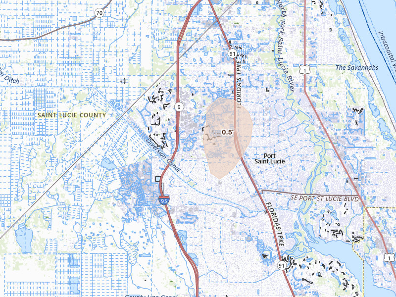 Radar-estimated hail-size map of the storm over Port Saint Lucie, FL on Aug 25, 2026