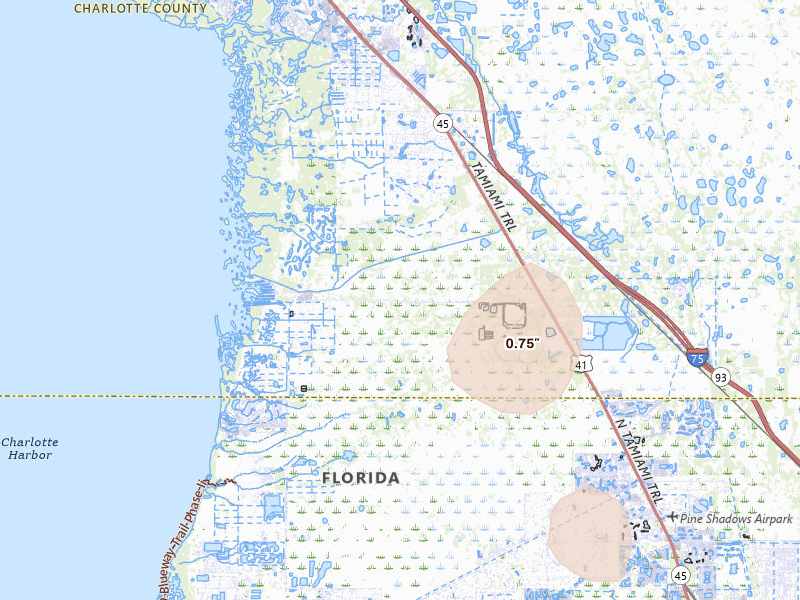 Radar-estimated hail-size map of the storm over Punta Gorda, FL on Jun 27, 2026