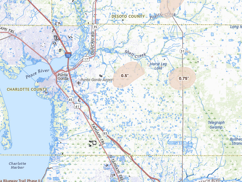 Radar-estimated hail-size map of the storm over Punta Gorda, FL on Jun 29, 2026