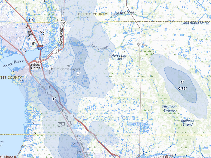 NEXRAD radar-signature map of the hail storm over Punta Gorda, FL on Aug 9, 2026