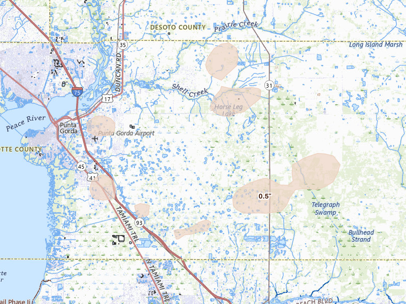 Radar-estimated hail-size map of the storm over Punta Gorda, FL on Aug 10, 2026