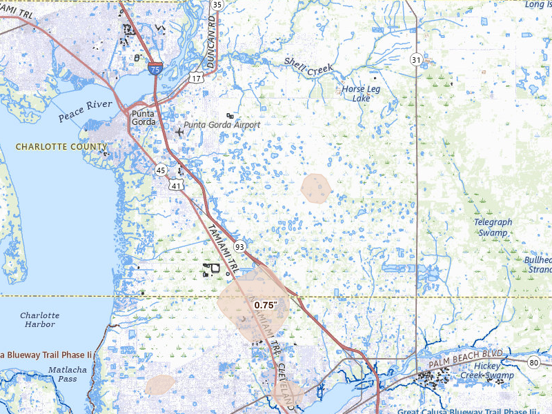 Radar-estimated hail-size map of the storm over Punta Gorda, FL on Aug 14, 2026