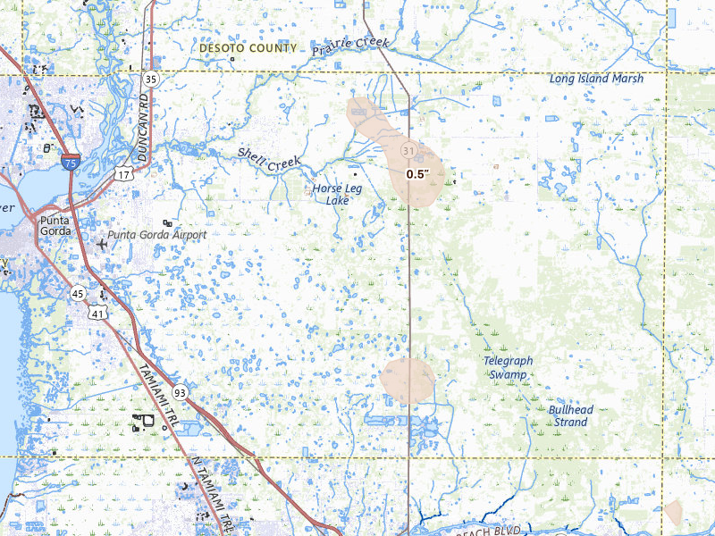 Radar-estimated hail-size map of the storm over Punta Gorda, FL on Aug 28, 2026