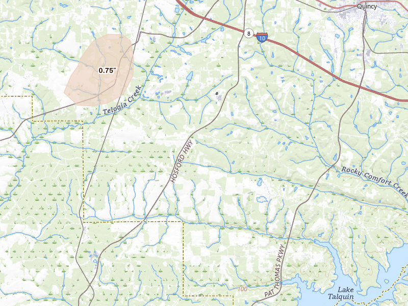 Radar-estimated hail-size map of the storm over Quincy, FL on Jun 30, 2026
