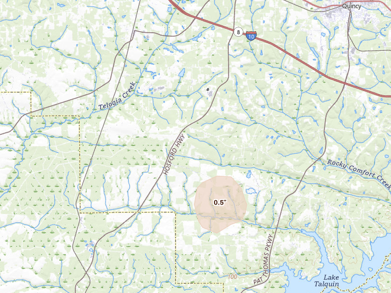 Radar-estimated hail-size map of the storm over Quincy, FL on Aug 24, 2026