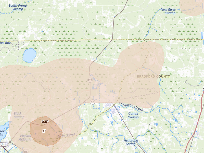 Radar-estimated hail-size map of the storm over Raiford, FL on Aug 19, 2026