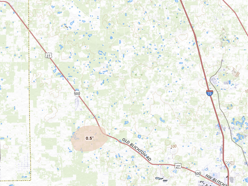 Radar-estimated hail-size map of the storm over Reddick, FL on May 19, 2026