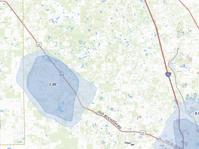 NEXRAD radar-signature map of the hail storm over Reddick, FL on Jul 11, 2026