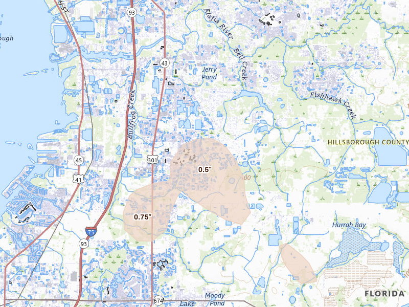 Radar-estimated hail-size map of the storm over Riverview, FL on May 20, 2026