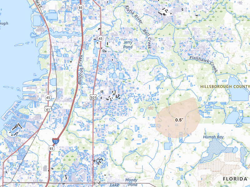 Radar-estimated hail-size map of the storm over Riverview, FL on Jul 11, 2026