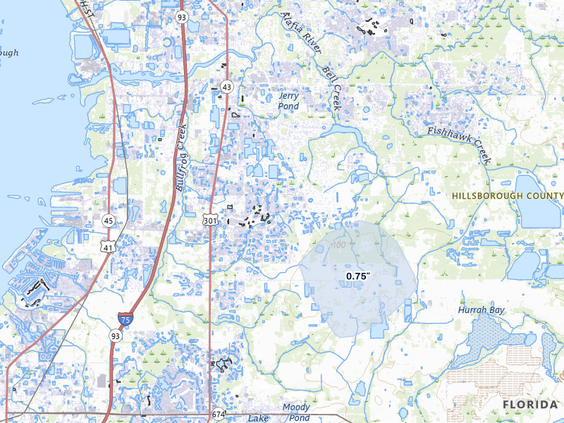 NEXRAD radar-signature map of the hail storm over Riverview, FL on Jul 11, 2026