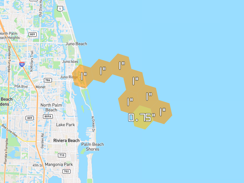 Hail map of Riviera Beach, FL on Jun 1, 2026, hail up to 1"