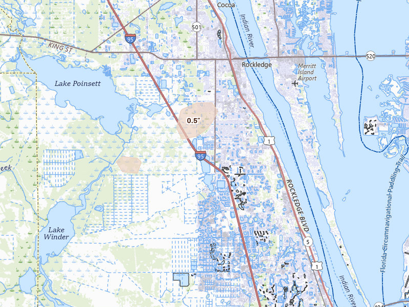 Radar-estimated hail-size map of the storm over Rockledge, FL on Mar 16, 2026