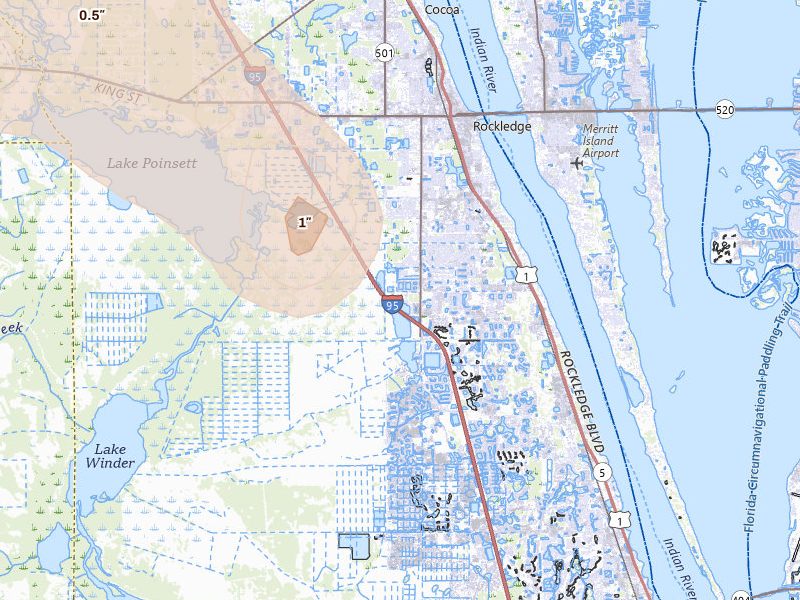 Radar-estimated hail-size map of the storm over Rockledge, FL on Jun 24, 2026