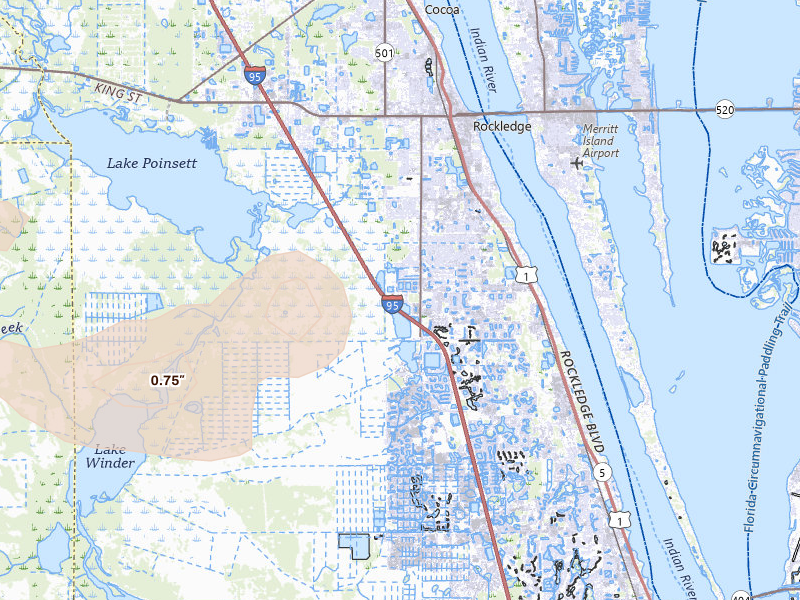 Radar-estimated hail-size map of the storm over Rockledge, FL on Jun 29, 2026