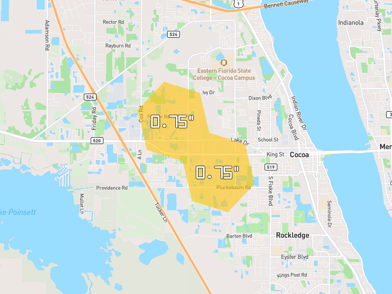 Hail map of Rockledge, FL on Jul 12, 2026, hail up to 0.75"