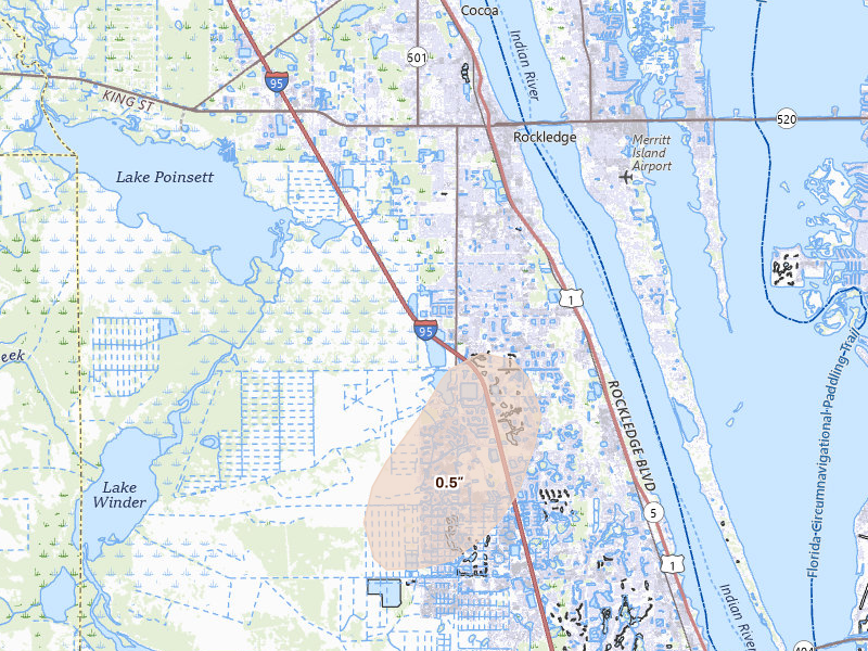 Radar-estimated hail-size map of the storm over Rockledge, FL on Jul 28, 2026