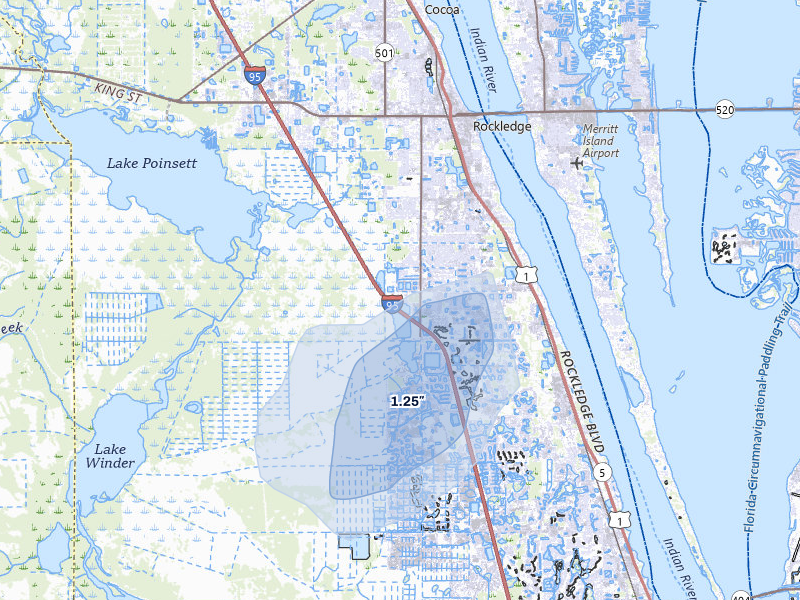 NEXRAD radar-signature map of the hail storm over Rockledge, FL on Jul 28, 2026