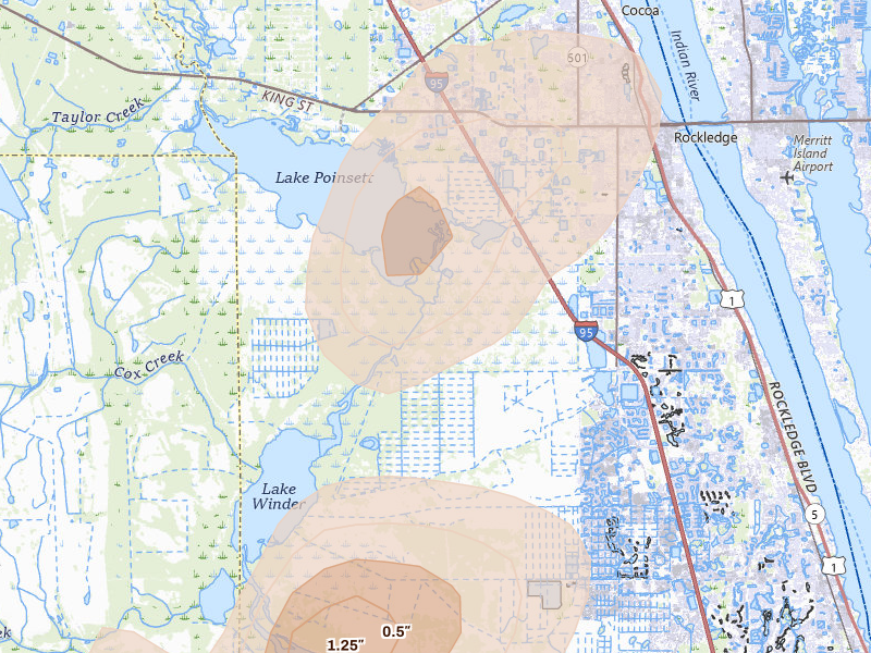 Radar-estimated hail-size map of the storm over Rockledge, FL on Aug 20, 2026