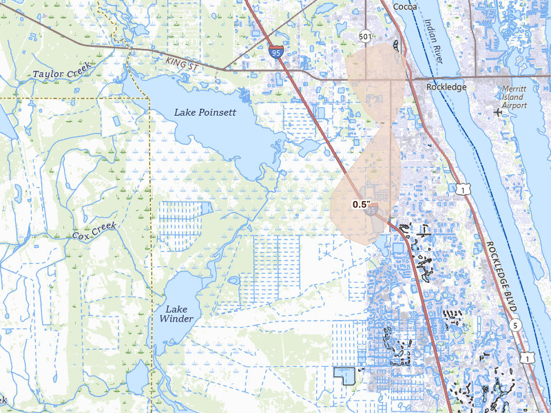 Radar-estimated hail-size map of the storm over Rockledge, FL on Aug 22, 2026