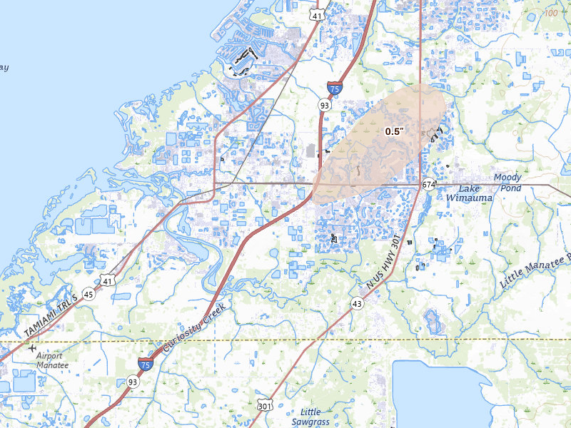 Radar-estimated hail-size map of the storm over Ruskin, FL on Mar 15, 2026