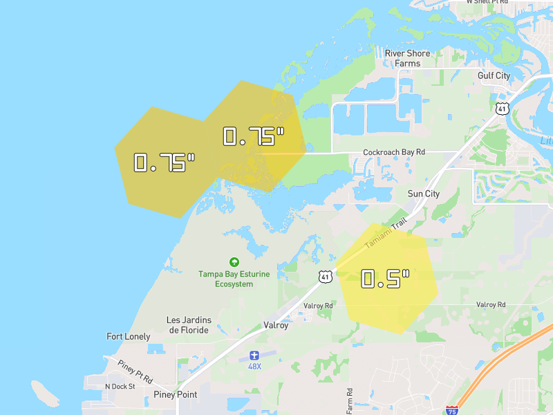 Hail map of Ruskin, FL on Jun 28, 2026, hail up to 0.75"