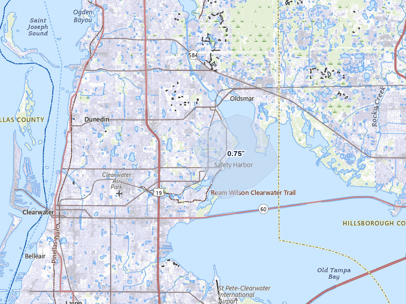NEXRAD radar-signature map of the hail over Safety Harbor, FL