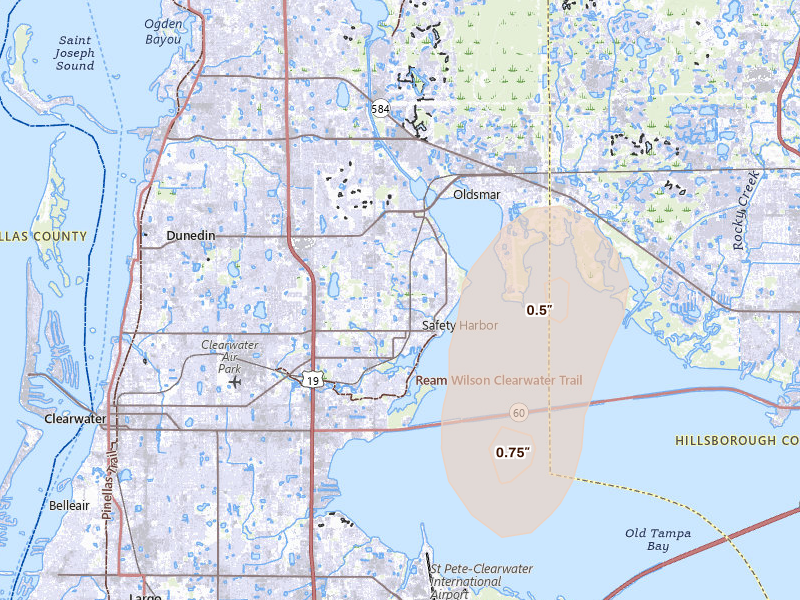 Radar-estimated hail-size map of the storm over Safety Harbor, FL on Aug 19, 2026
