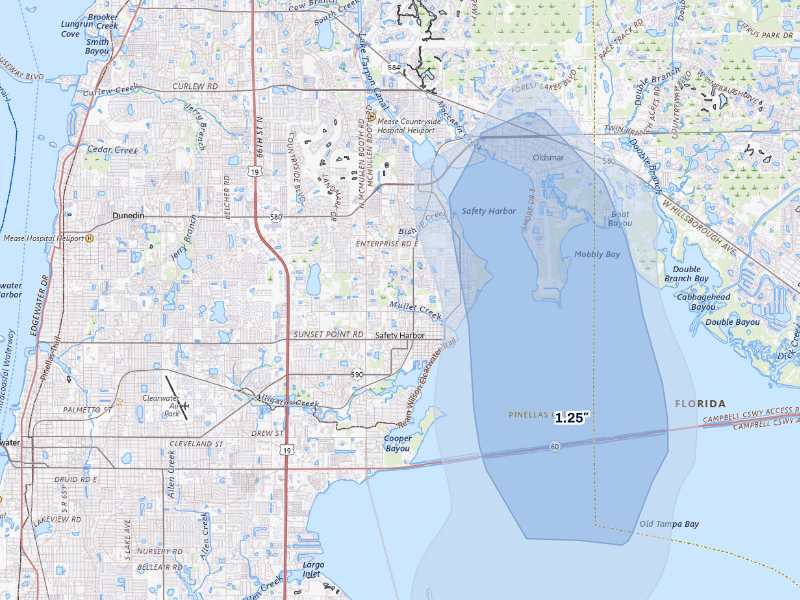 NEXRAD radar-signature map of the hail storm over Safety Harbor, FL on Aug 19, 2026