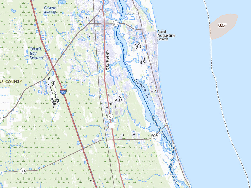 Radar-estimated hail-size map of the storm over Saint Augustine, FL on Mar 16, 2026