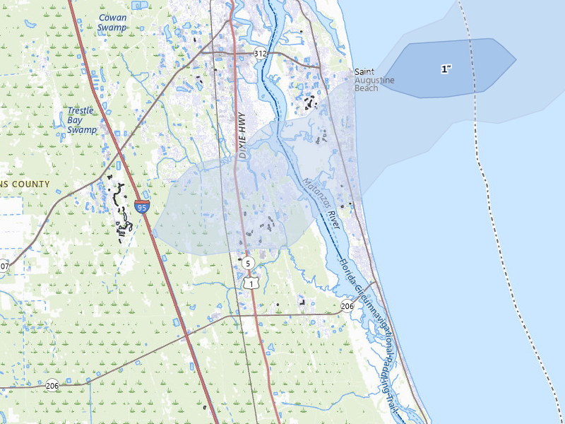 NEXRAD radar-signature map of the hail storm over Saint Augustine, FL on Mar 16, 2026