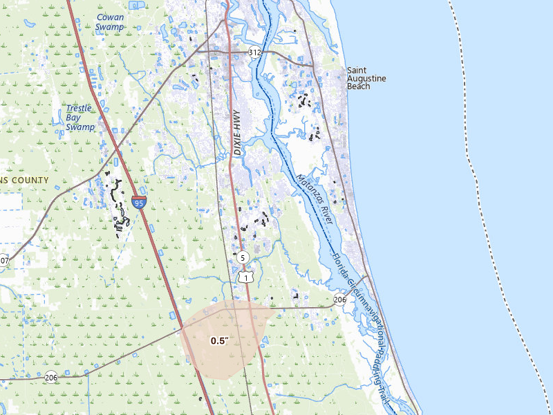 Radar-estimated hail-size map of the storm over Saint Augustine, FL on Jun 18, 2026