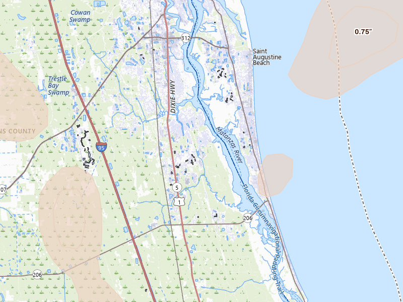 Radar-estimated hail-size map of the storm over Saint Augustine, FL on Jun 25, 2026
