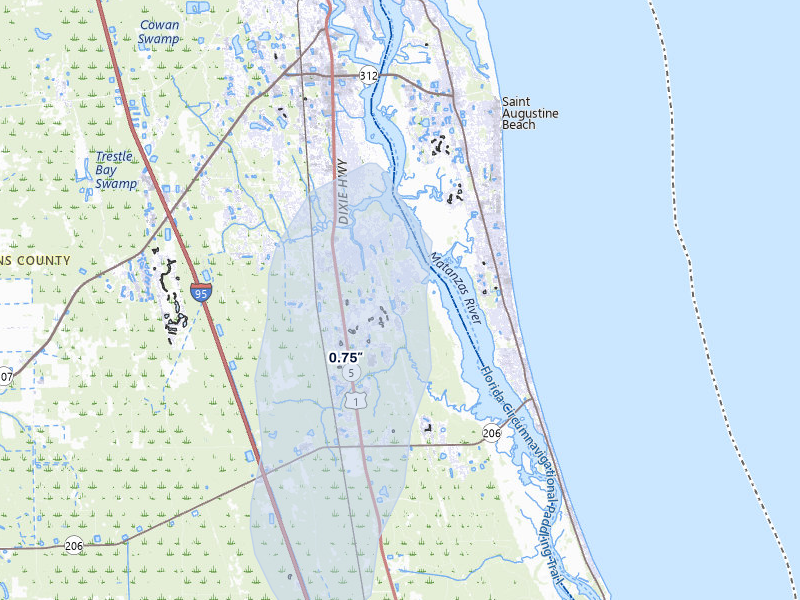 NEXRAD radar-signature map of the hail storm over Saint Augustine, FL on Jun 26, 2026