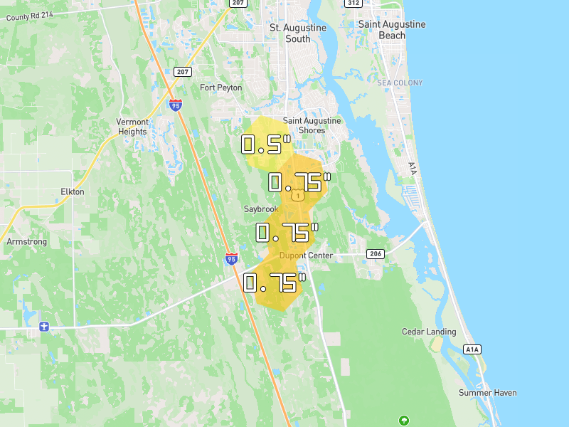 Hail map of Saint Augustine, FL on Jun 26, 2026, hail up to 0.75"