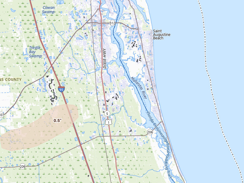 Radar-estimated hail-size map of the storm over Saint Augustine, FL on Jul 9, 2026