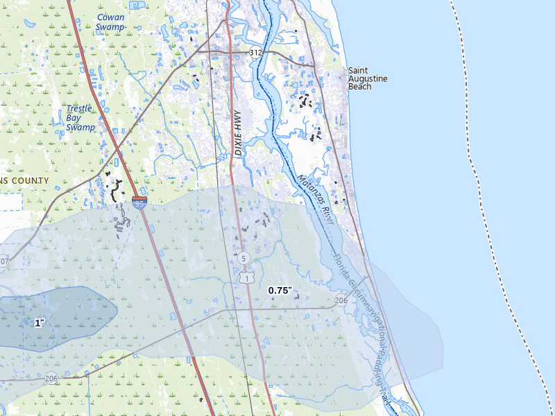 NEXRAD radar-signature map of the hail storm over Saint Augustine, FL on Jul 9, 2026